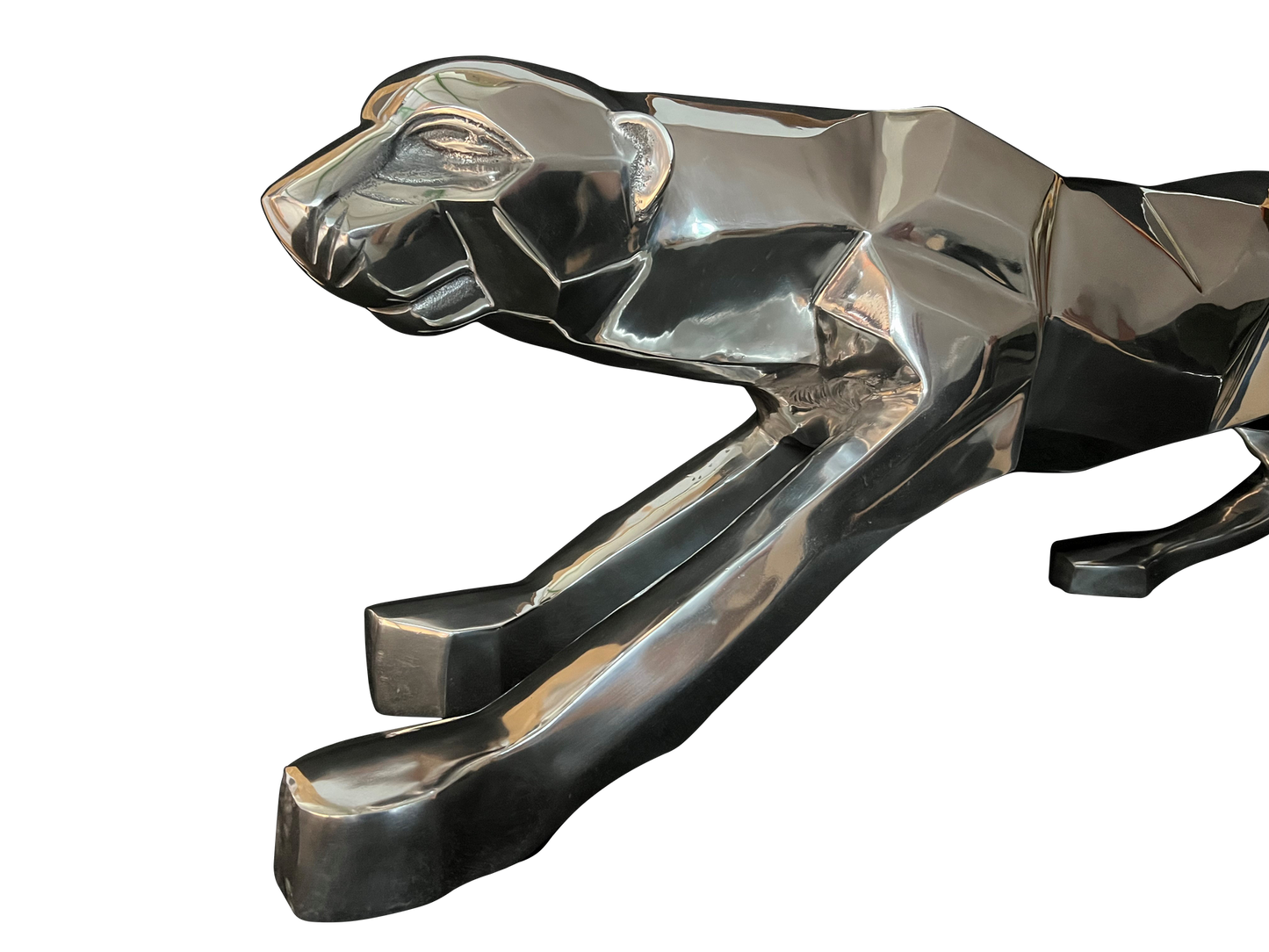 Chrome Geometric Leaping Panther Sculpture